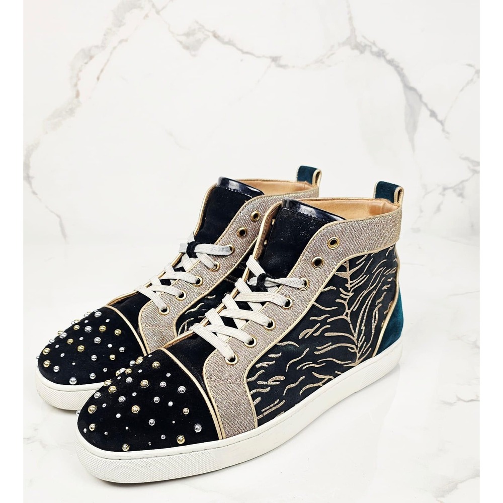 Christian Louboutin High Top Milkylou Sneakers Studded Blck Gold Suede Size 11.5 - Picture 2 of 11